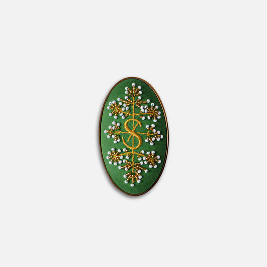 Green Embroidered Brass Oval Brooch